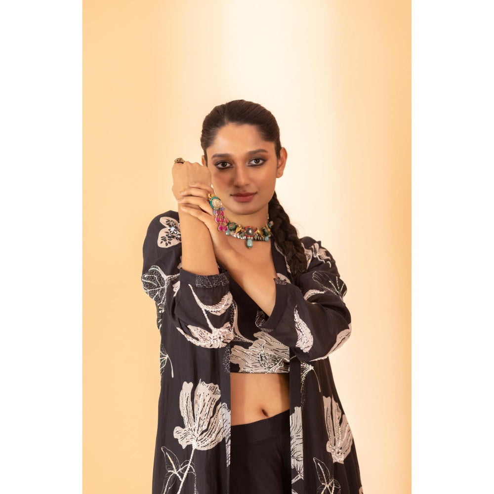 Sshilpa Samriya Black Floral Printed Shrug with Bustier and Palazzo (Set of 3)
