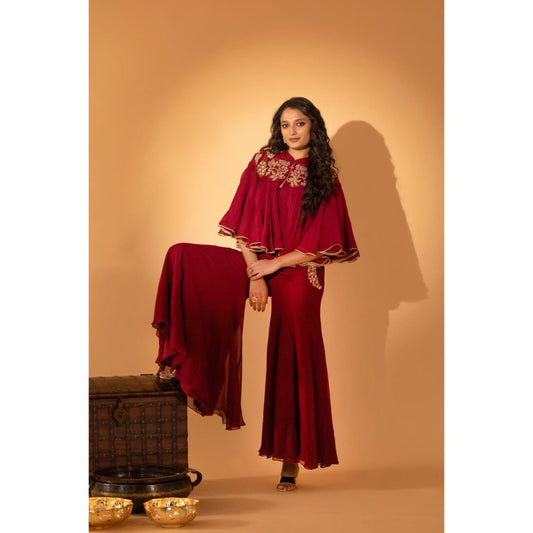 Sshilpa Samriya Maroon Jumpsuit with Embroidered Cape (Set of 2)