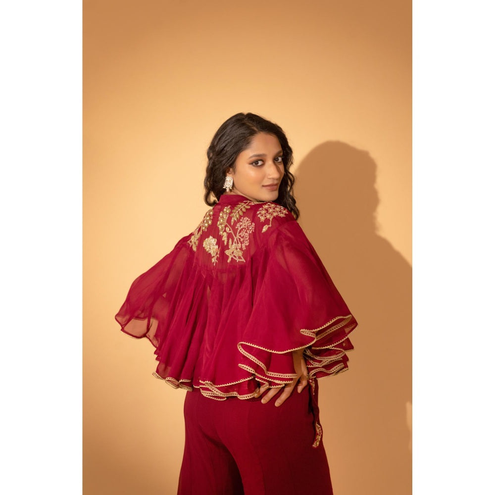 Sshilpa Samriya Maroon Jumpsuit with Embroidered Cape (Set of 2)