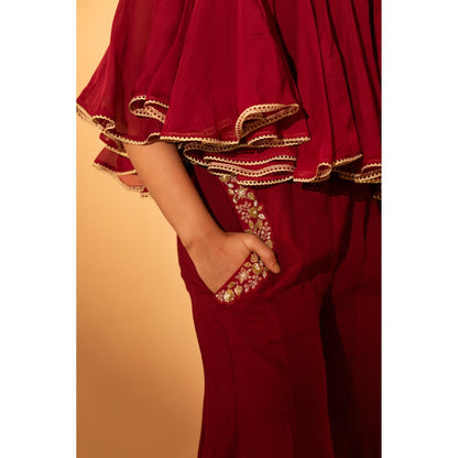 Sshilpa Samriya Maroon Jumpsuit with Embroidered Cape (Set of 2)