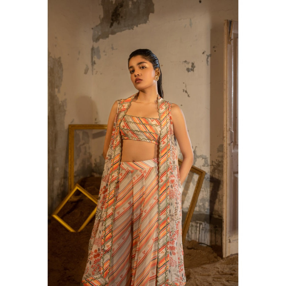 Sshilpa Samriya A Floral Print Hand Embroidered Cape with Bustier and Pant (Set of 3)
