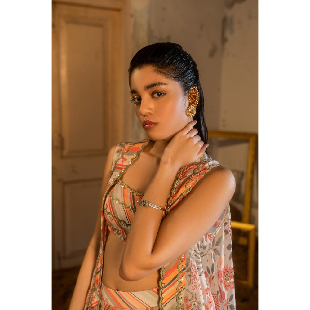 Sshilpa Samriya A Floral Print Hand Embroidered Cape with Bustier and Pant (Set of 3)
