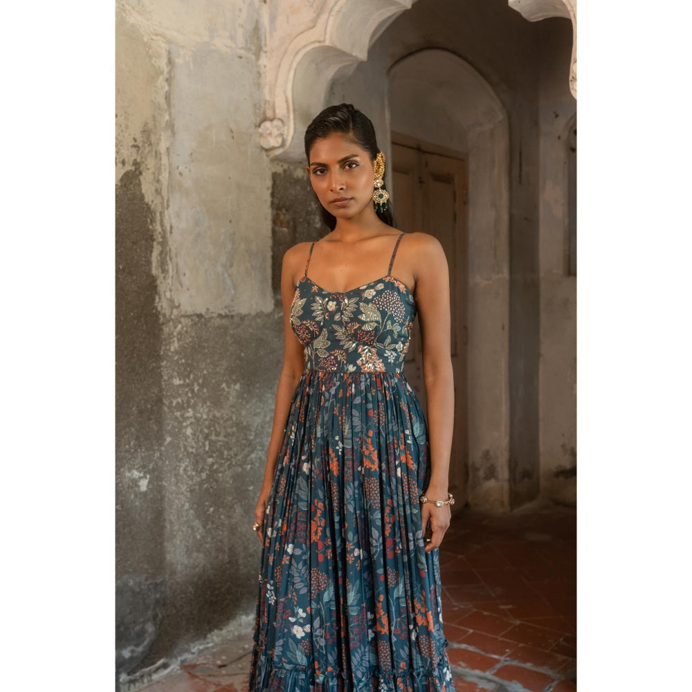 Sshilpa Samriya A Printed Teal Blue Embellished Maxi Dress