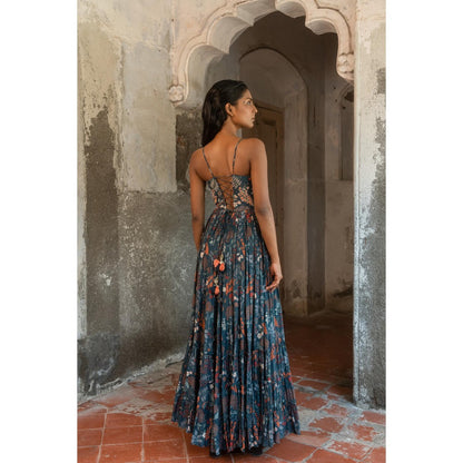 Sshilpa Samriya A Printed Teal Blue Embellished Maxi Dress