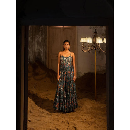 Sshilpa Samriya A Printed Teal Blue Embellished Maxi Dress