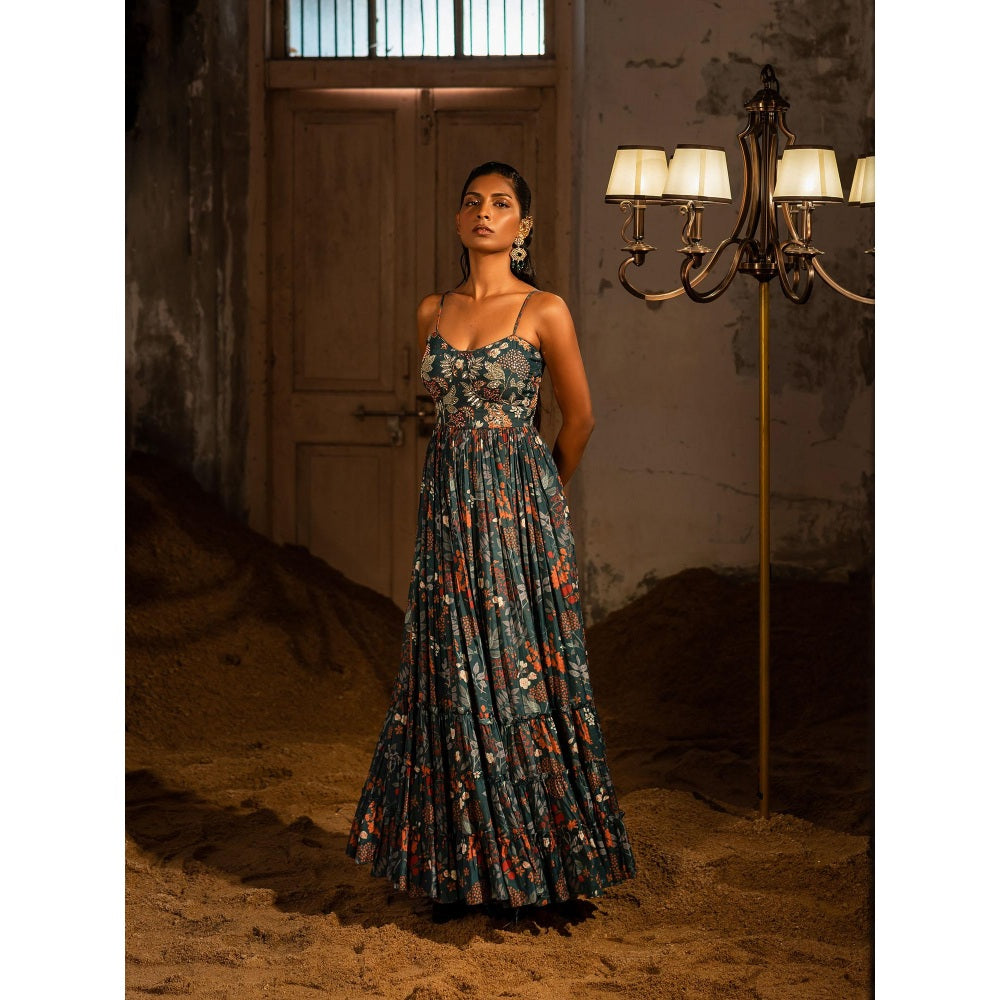 Sshilpa Samriya A Printed Teal Blue Embellished Maxi Dress