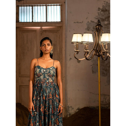 Sshilpa Samriya A Printed Teal Blue Embellished Maxi Dress