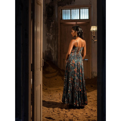 Sshilpa Samriya A Printed Teal Blue Embellished Maxi Dress