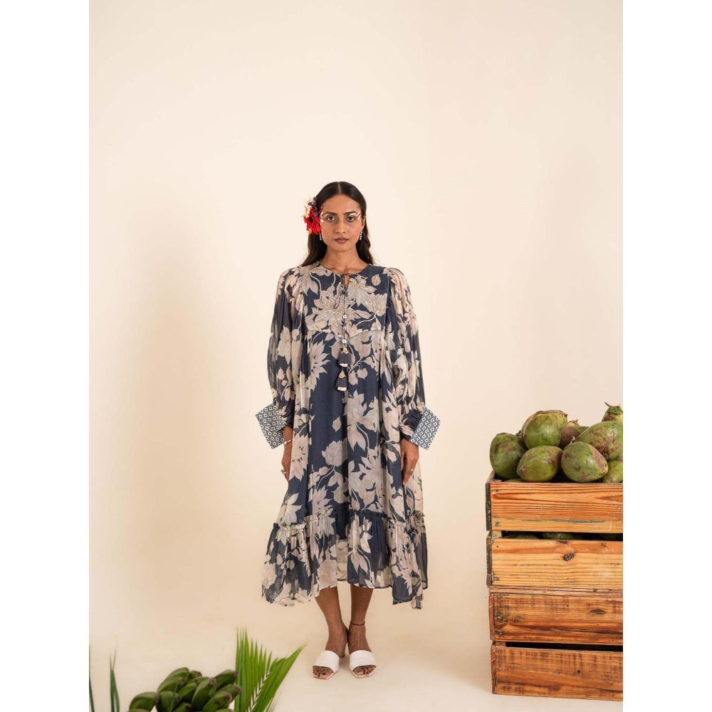 Sshilpa Samriya Indigo Blue Floral Print Midi Dress