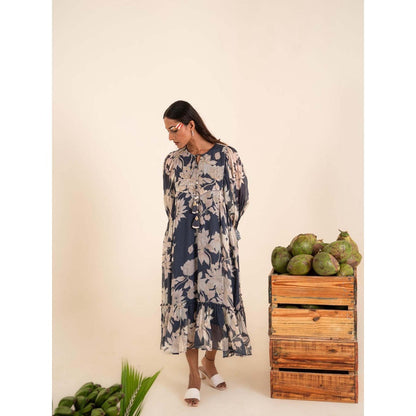 Sshilpa Samriya Indigo Blue Floral Print Midi Dress
