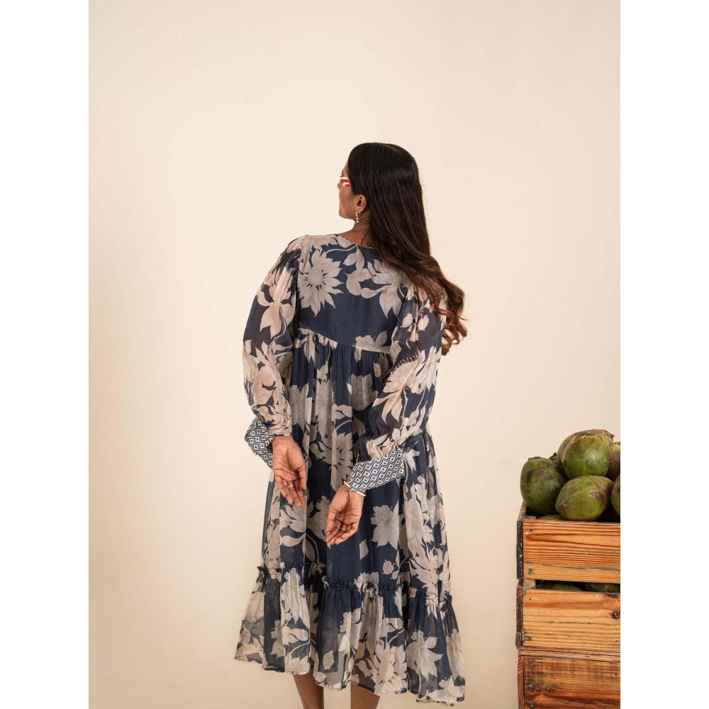 Sshilpa Samriya Indigo Blue Floral Print Midi Dress