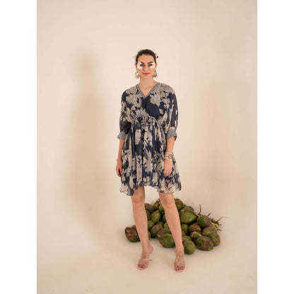 Sshilpa Samriya Indigo Blue Floral Print V Neck Mini Dress