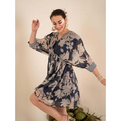 Sshilpa Samriya Indigo Blue Floral Print V Neck Mini Dress