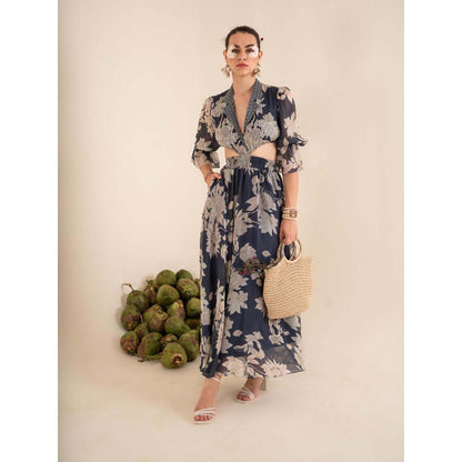 Sshilpa Samriya Indigo Blue Floral Print Collar Neck Maxi Dress