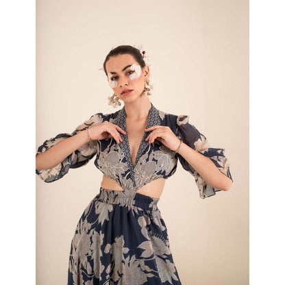 Sshilpa Samriya Indigo Blue Floral Print Collar Neck Maxi Dress