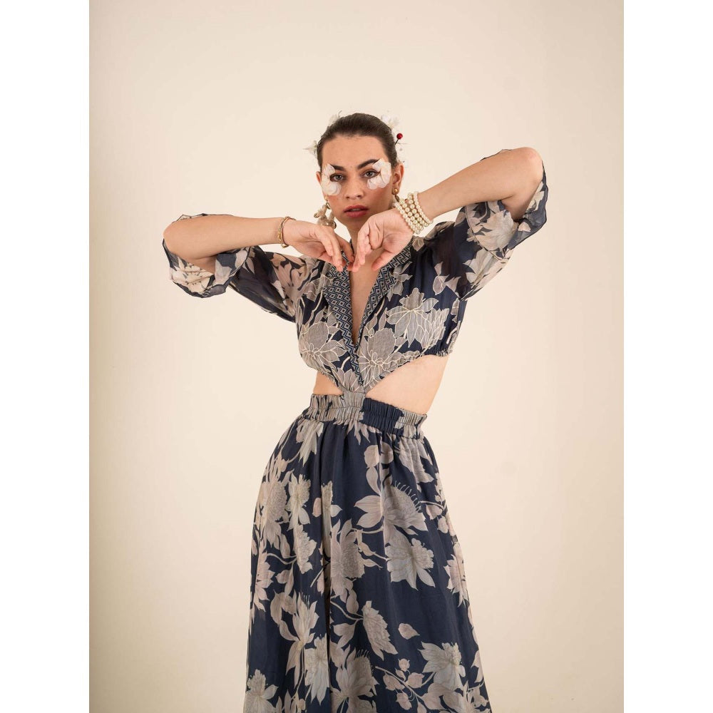 Sshilpa Samriya Indigo Blue Floral Print Collar Neck Maxi Dress