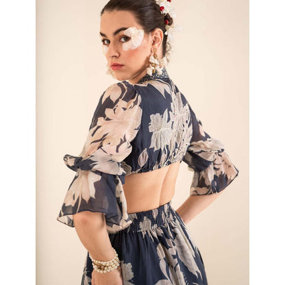 Sshilpa Samriya Indigo Blue Floral Print Collar Neck Maxi Dress