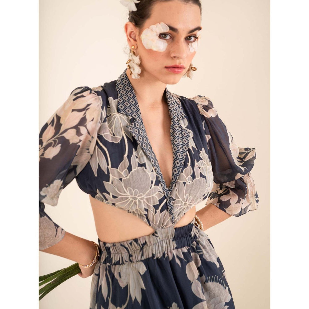 Sshilpa Samriya Indigo Blue Floral Print Collar Neck Maxi Dress