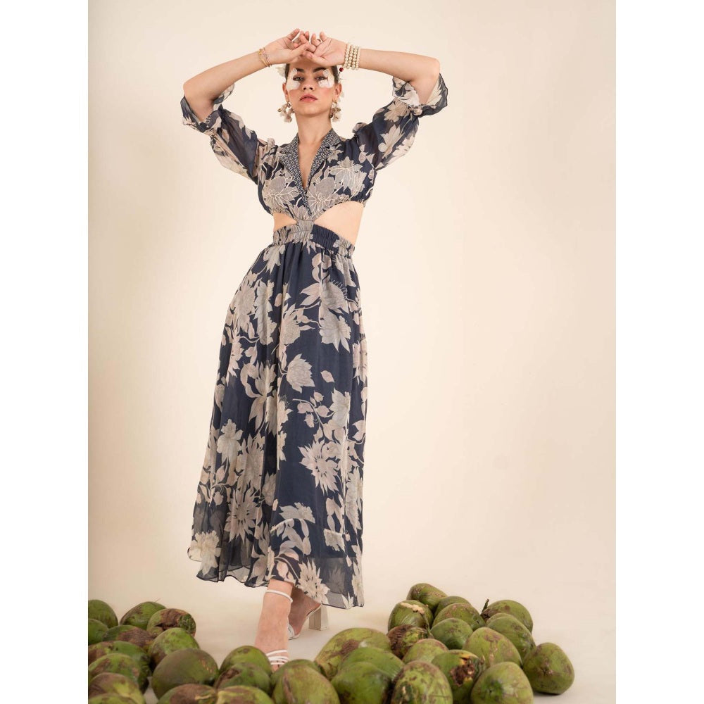 Sshilpa Samriya Indigo Blue Floral Print Collar Neck Maxi Dress