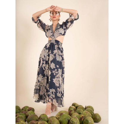 Sshilpa Samriya Indigo Blue Floral Print Collar Neck Maxi Dress