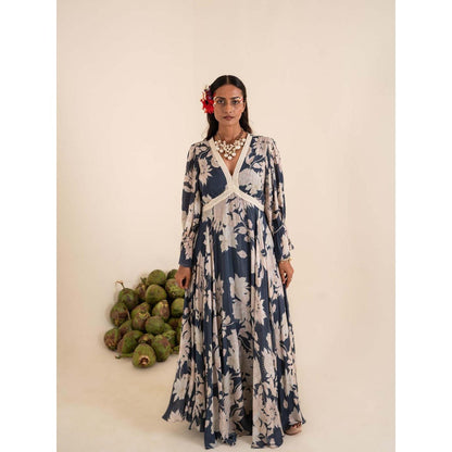 Sshilpa Samriya Indigo Blue Floral Print V-Neck Maxi Dress