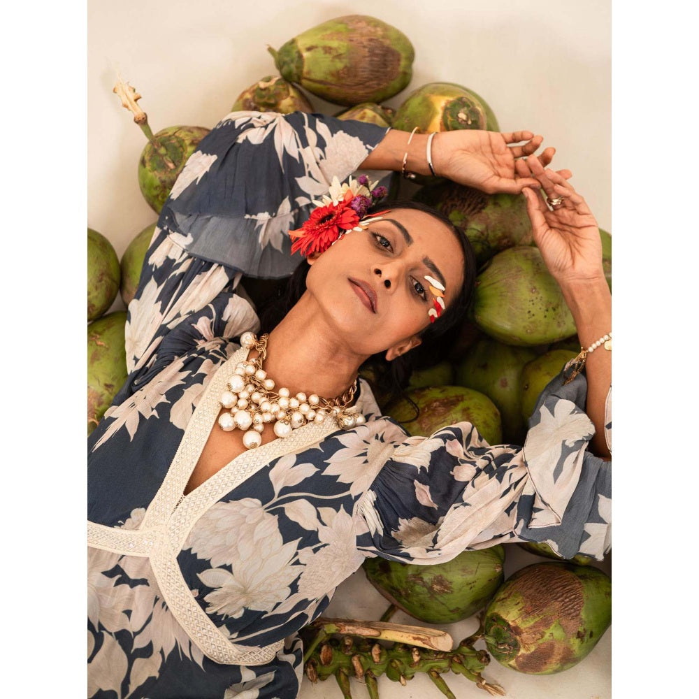 Sshilpa Samriya Indigo Blue Floral Print V-Neck Maxi Dress