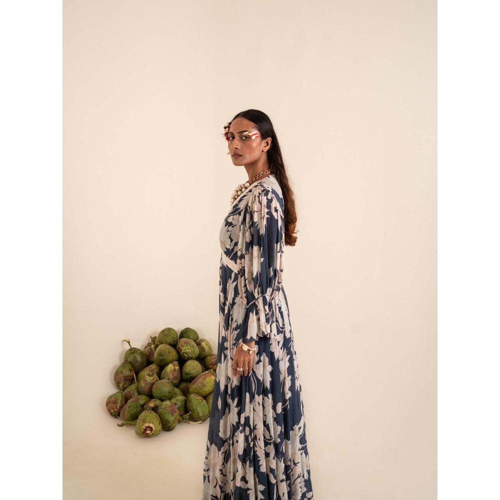 Sshilpa Samriya Indigo Blue Floral Print V-Neck Maxi Dress