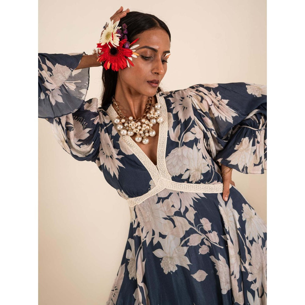 Sshilpa Samriya Indigo Blue Floral Print V-Neck Maxi Dress