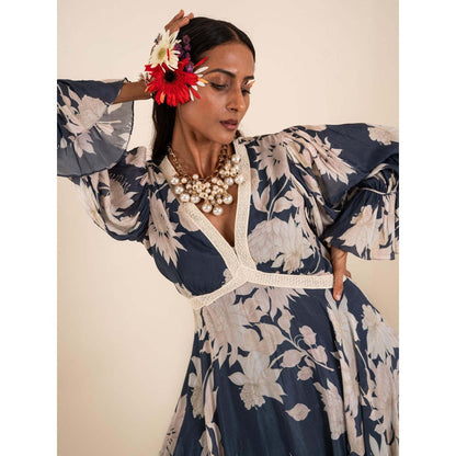 Sshilpa Samriya Indigo Blue Floral Print V-Neck Maxi Dress