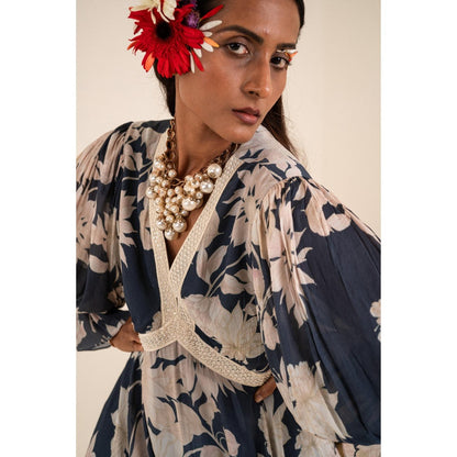 Sshilpa Samriya Indigo Blue Floral Print V-Neck Maxi Dress