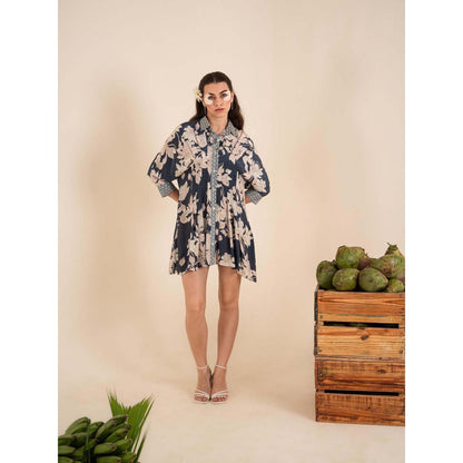 Sshilpa Samriya Indigo Blue Floral Print Collar Neck Mini Dress