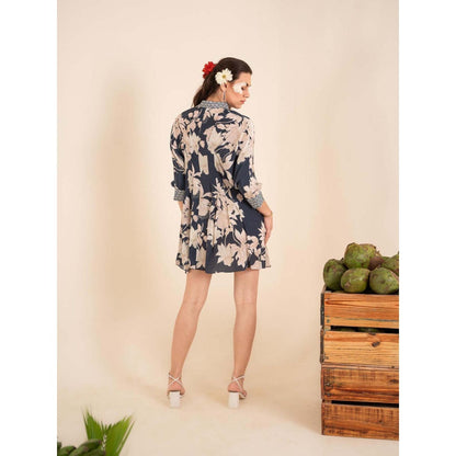 Sshilpa Samriya Indigo Blue Floral Print Collar Neck Mini Dress