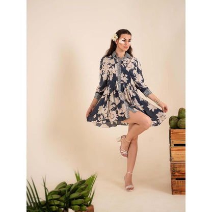Sshilpa Samriya Indigo Blue Floral Print Collar Neck Mini Dress