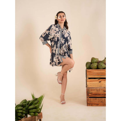 Sshilpa Samriya Indigo Blue Floral Print Collar Neck Mini Dress
