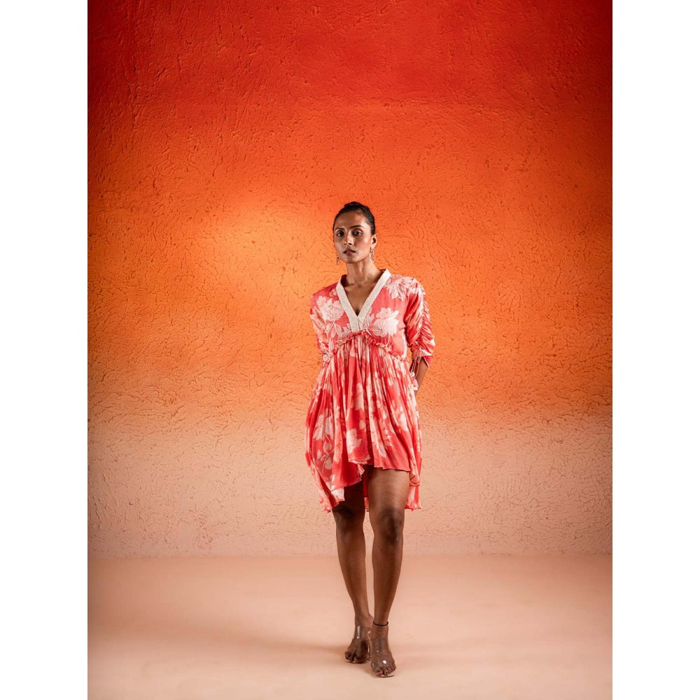 Sshilpa Samriya Georgia Peach Floral V Neck Mini Dress