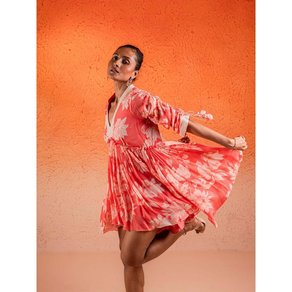 Sshilpa Samriya Georgia Peach Floral V Neck Mini Dress