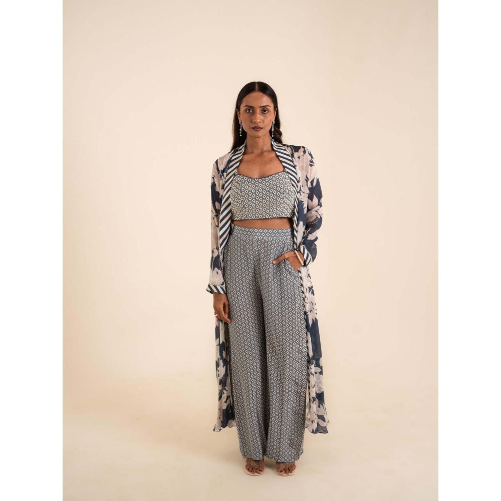 Sshilpa Samriya Indigo Blue Printed Jacket and Blouse with Pant (Set of 3)