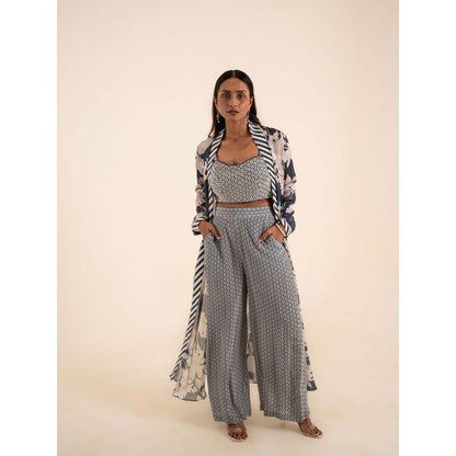 Sshilpa Samriya Indigo Blue Printed Jacket and Blouse with Pant (Set of 3)