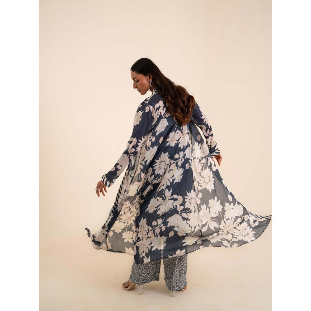 Sshilpa Samriya Indigo Blue Printed Jacket and Blouse with Pant (Set of 3)