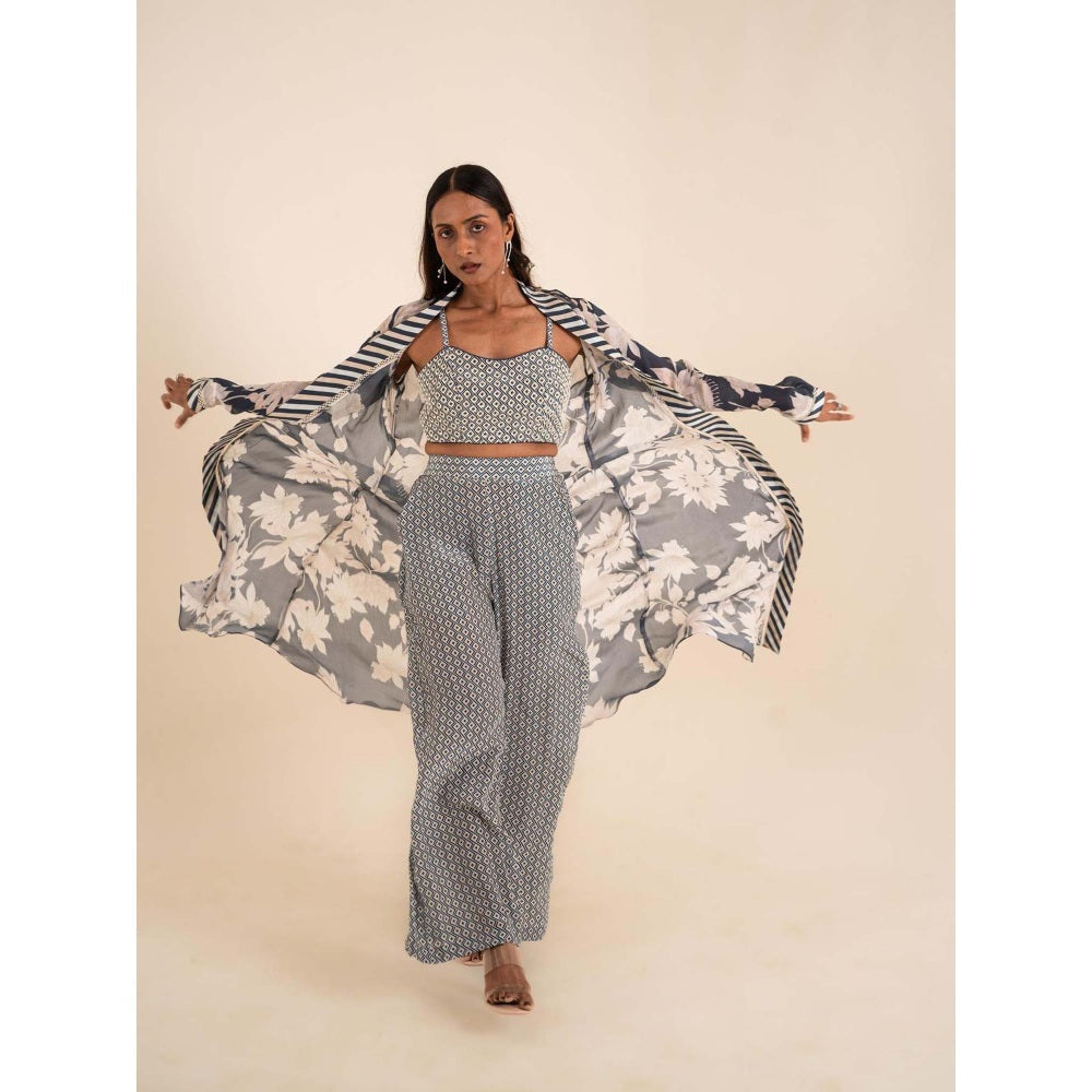 Sshilpa Samriya Indigo Blue Printed Jacket and Blouse with Pant (Set of 3)