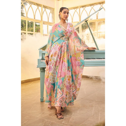 Sshilpa Samriya Turquoise Kaftan Embroidered Printed Kaftan with Inner (Set of 2)