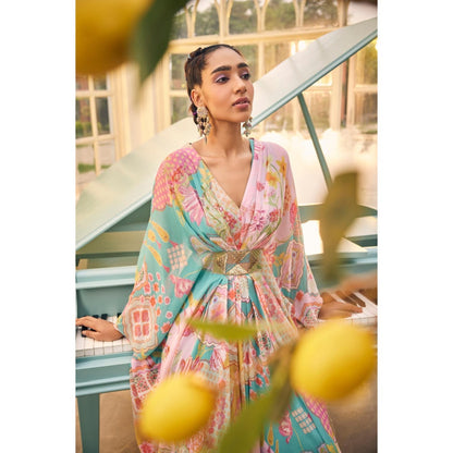 Sshilpa Samriya Turquoise Kaftan Embroidered Printed Kaftan with Inner (Set of 2)