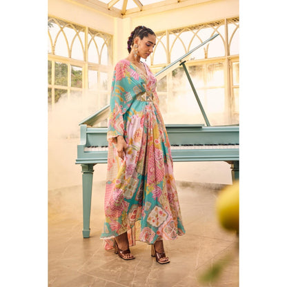 Sshilpa Samriya Turquoise Kaftan Embroidered Printed Kaftan with Inner (Set of 2)