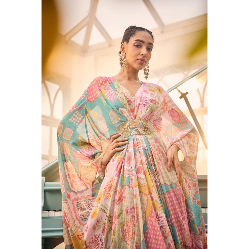 Sshilpa Samriya Turquoise Kaftan Embroidered Printed Kaftan with Inner (Set of 2)