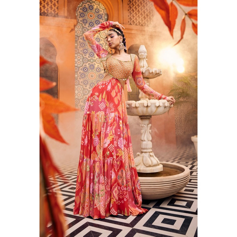 Sshilpa Samriya Red Layered Printed Embroidered Maxi Dress