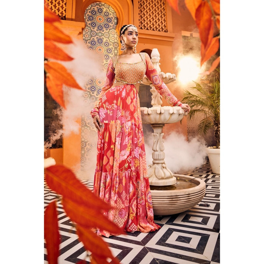 Sshilpa Samriya Red Layered Printed Embroidered Maxi Dress