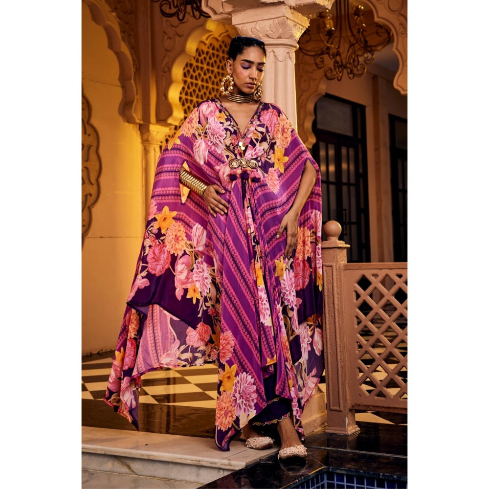 Sshilpa Samriya Purple Embroidered Floral Print Kaftan with Pant (Set of 2)