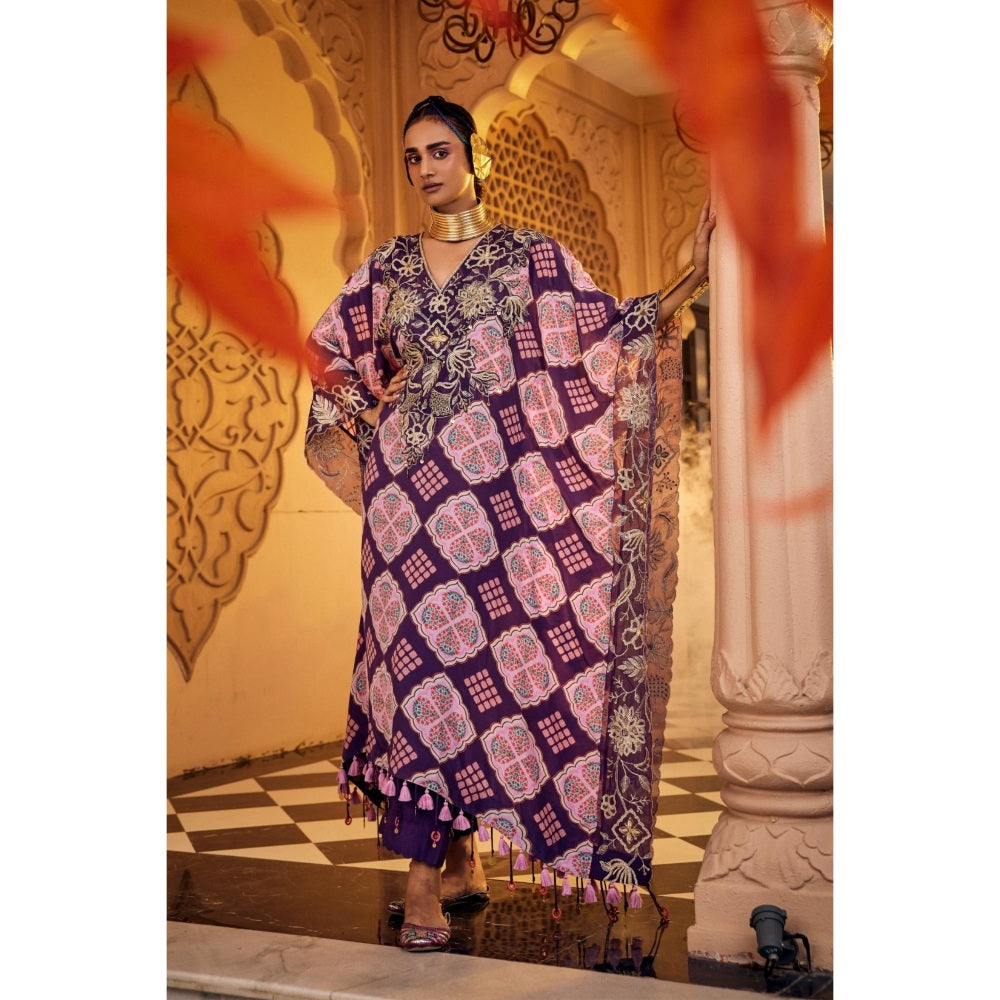 Sshilpa Samriya Purple Embroidered V Neck Kaftan with Pant (Set of 2)