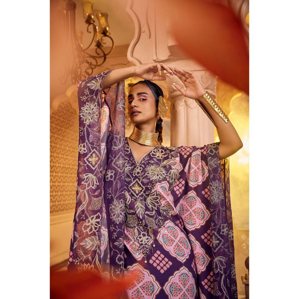 Sshilpa Samriya Purple Embroidered V Neck Kaftan with Pant (Set of 2)