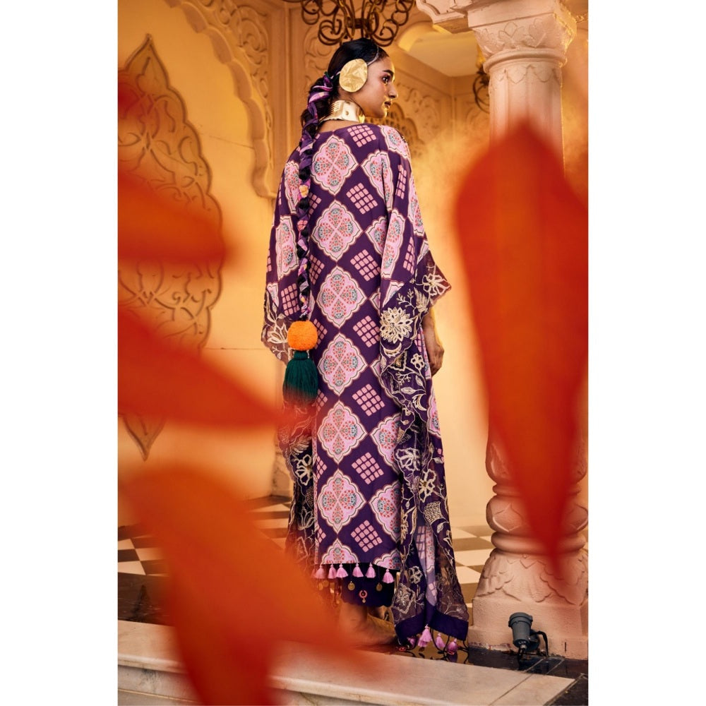 Sshilpa Samriya Purple Embroidered V Neck Kaftan with Pant (Set of 2)